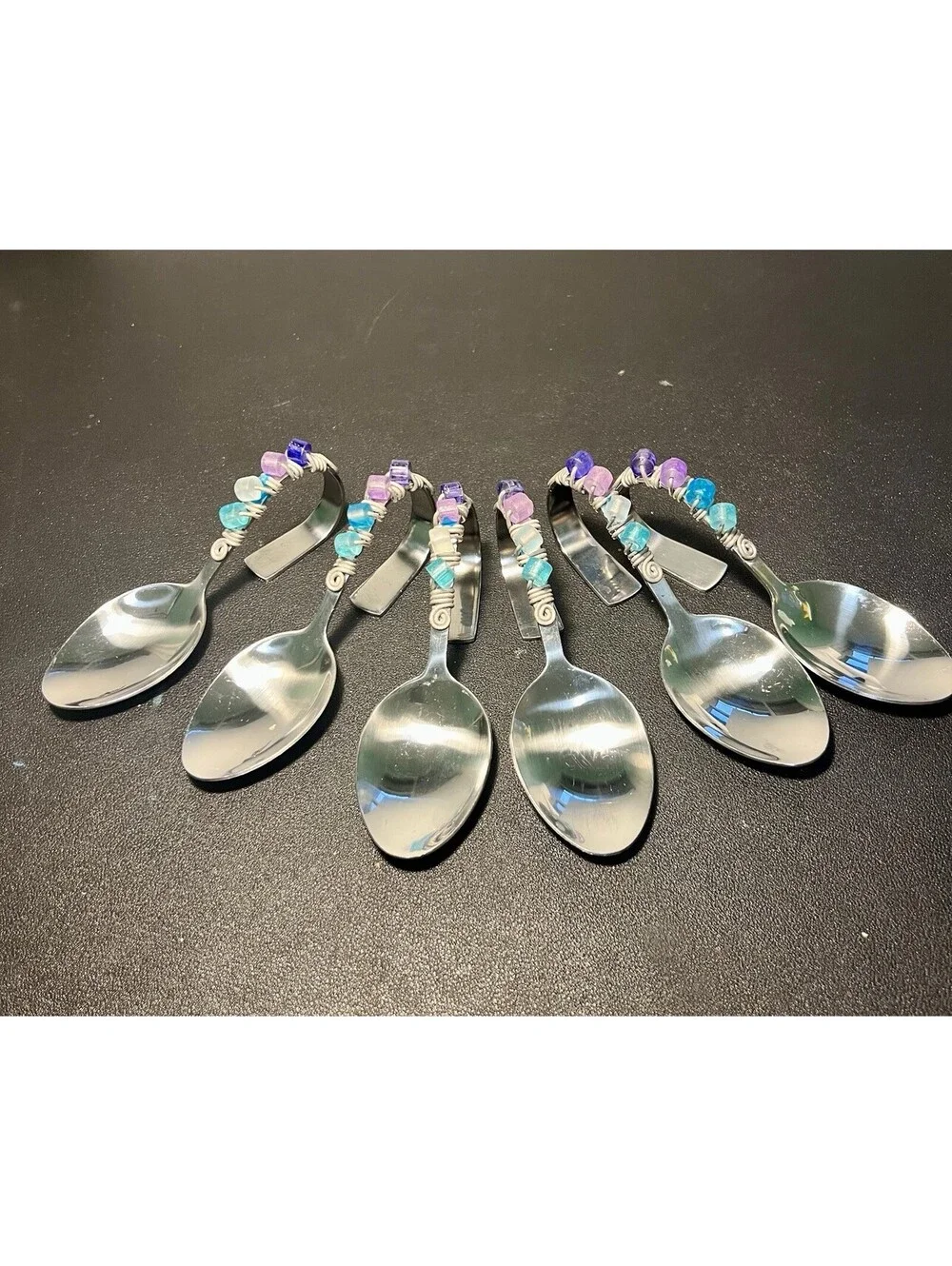Artisan Vintage 1990s 6 Bent Stainless Steel Appetizer Spoons Lucite Beads, 5.5”